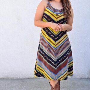 SOLD- Vintage 1970s Mexican Serape Style Dress / Striped Chevron Retro Wool